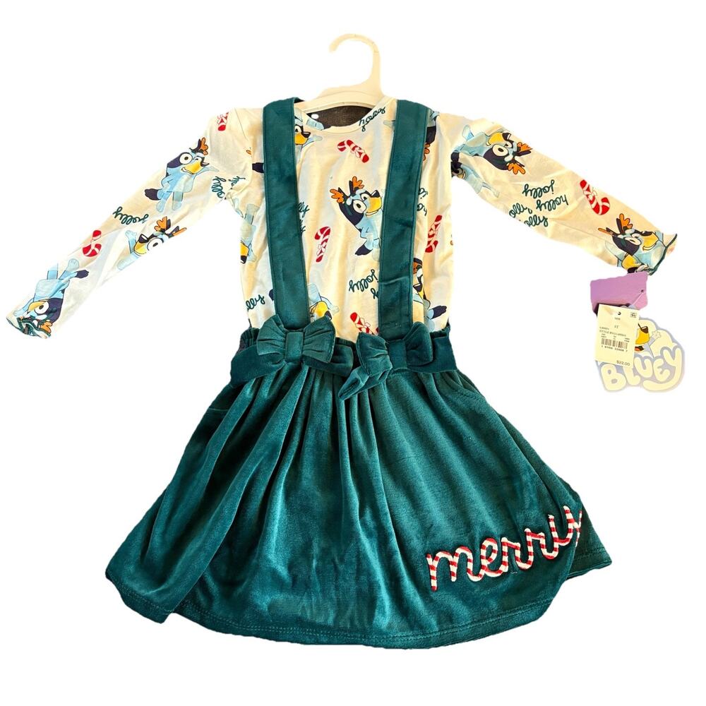 NWT Bluey Toddler Christmas Shirt & Overall Skirt Outfit Size 3T
